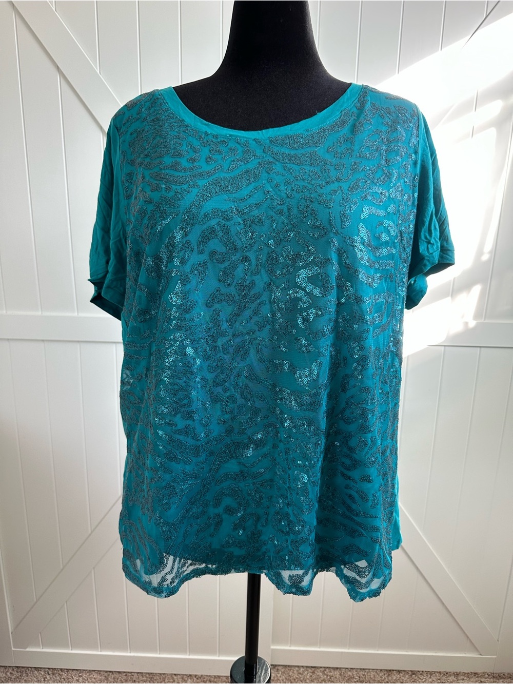 Bob Mackie Wearable Art XL Teal Sequin Mesh Overlay Top NWT